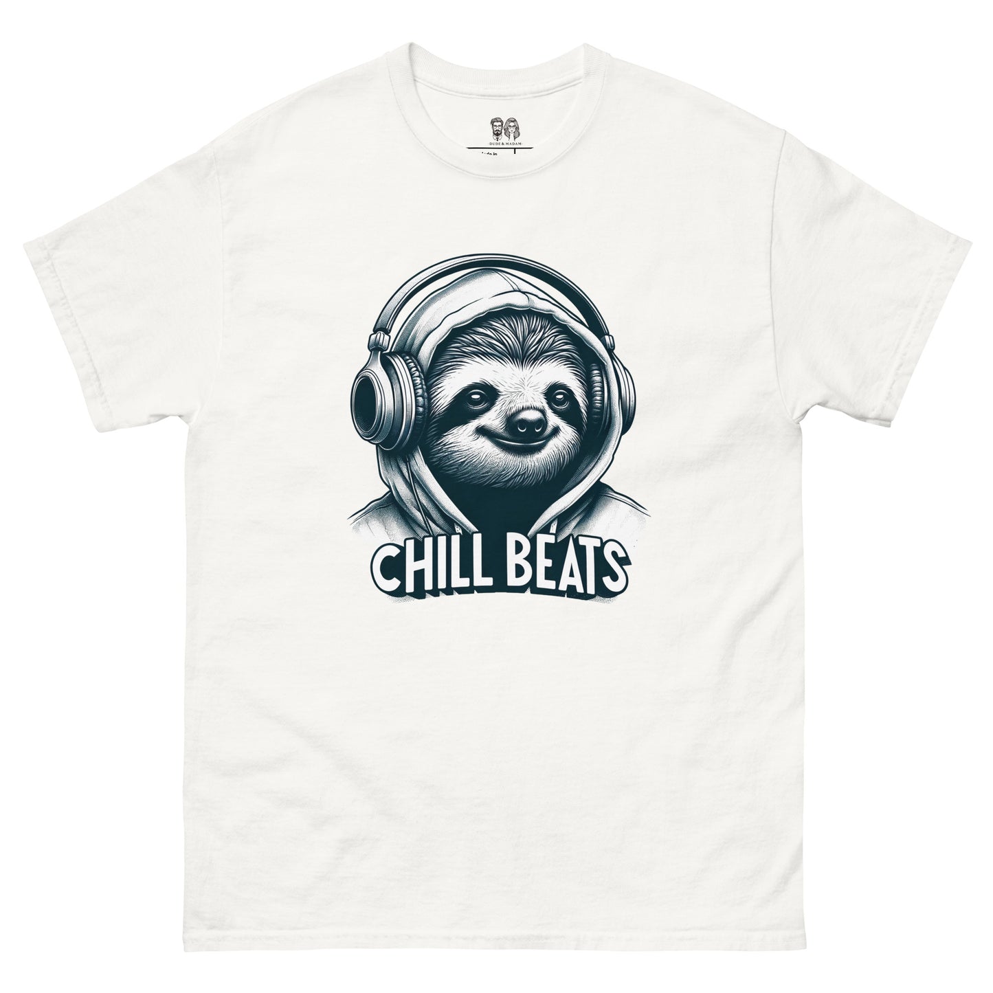 white here Cotton t-shirt featuring a sloth wearing headphones and a hoodie with the text 'Chill Beats', ideal for music lovers and those who enjoy a relaxed, fun look.