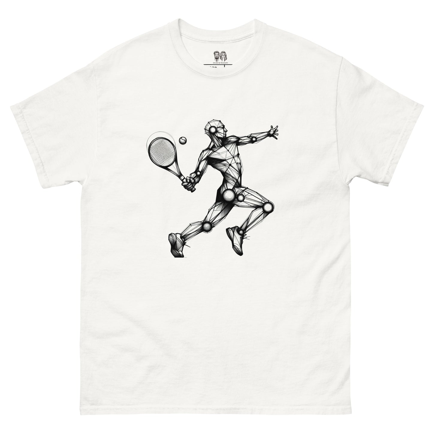 white Cotton loose fit t-shirt with an artistic Wood Mannequin-style drawing of a tennis player in action, highlighting a dynamic and creative design.