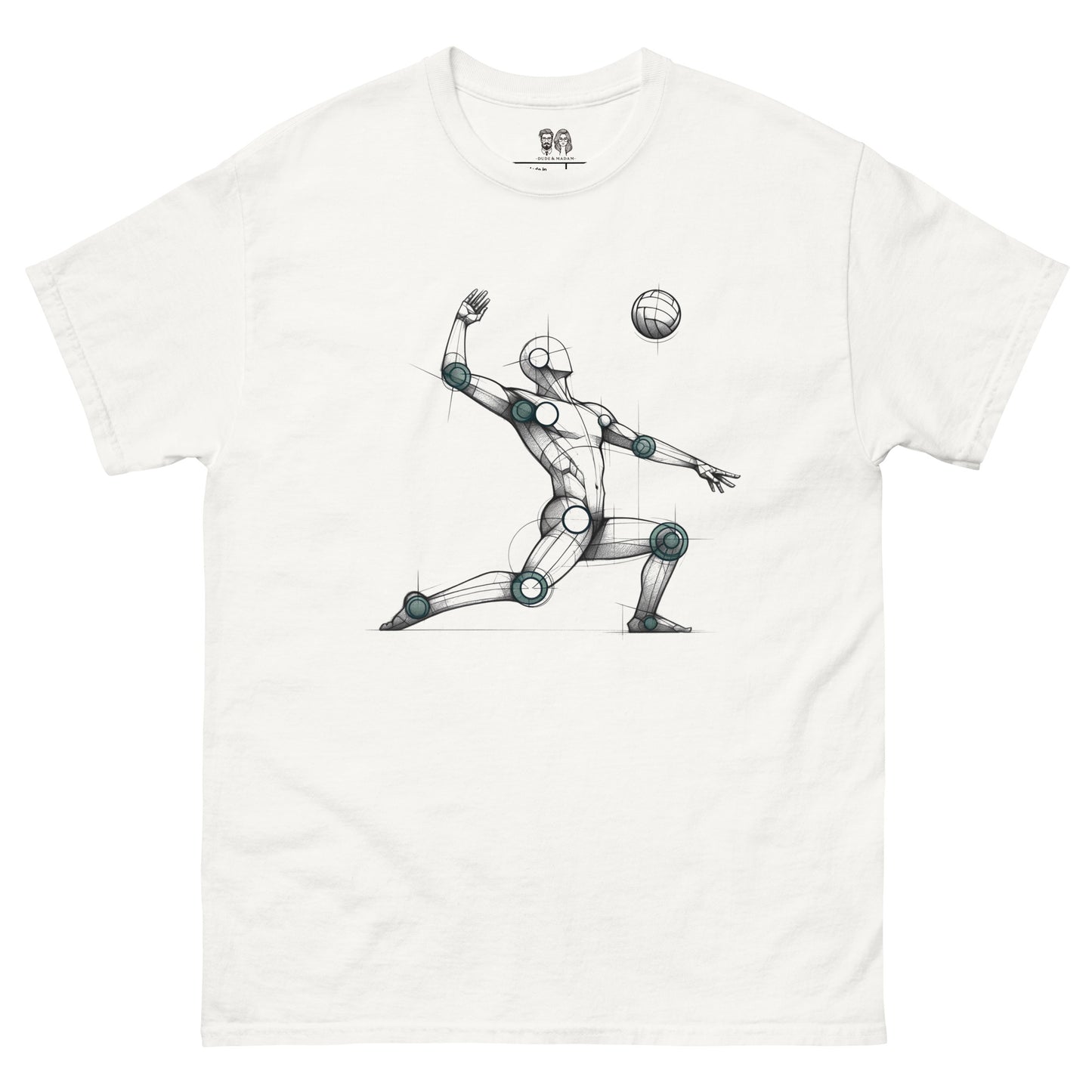 white Cotton loose fit t-shirt with an artistic Len Mannequin-inspired drawing of a volleyball player in action, highlighting dynamic and creative design.