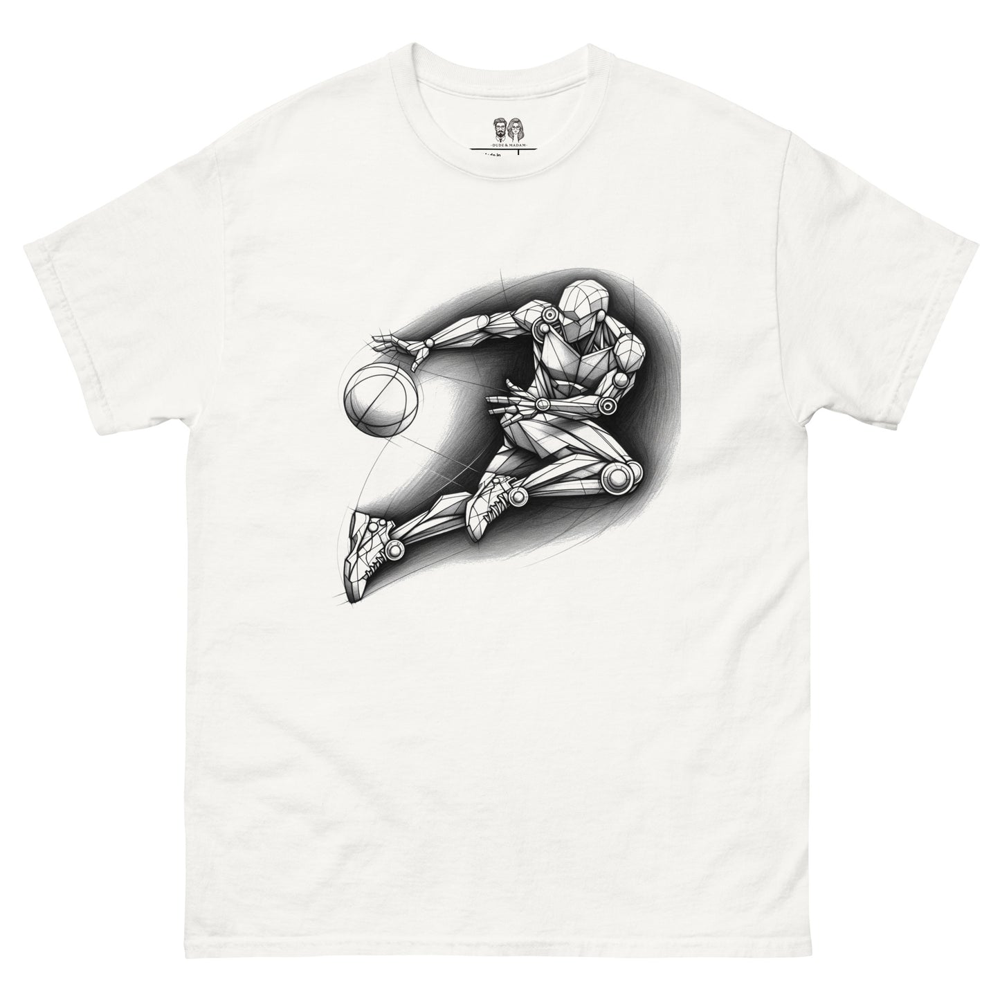 White Cotton loose fit t-shirt with a detailed Len Mannequin-inspired drawing of a basketball player in action, showcasing artistic and dynamic design.