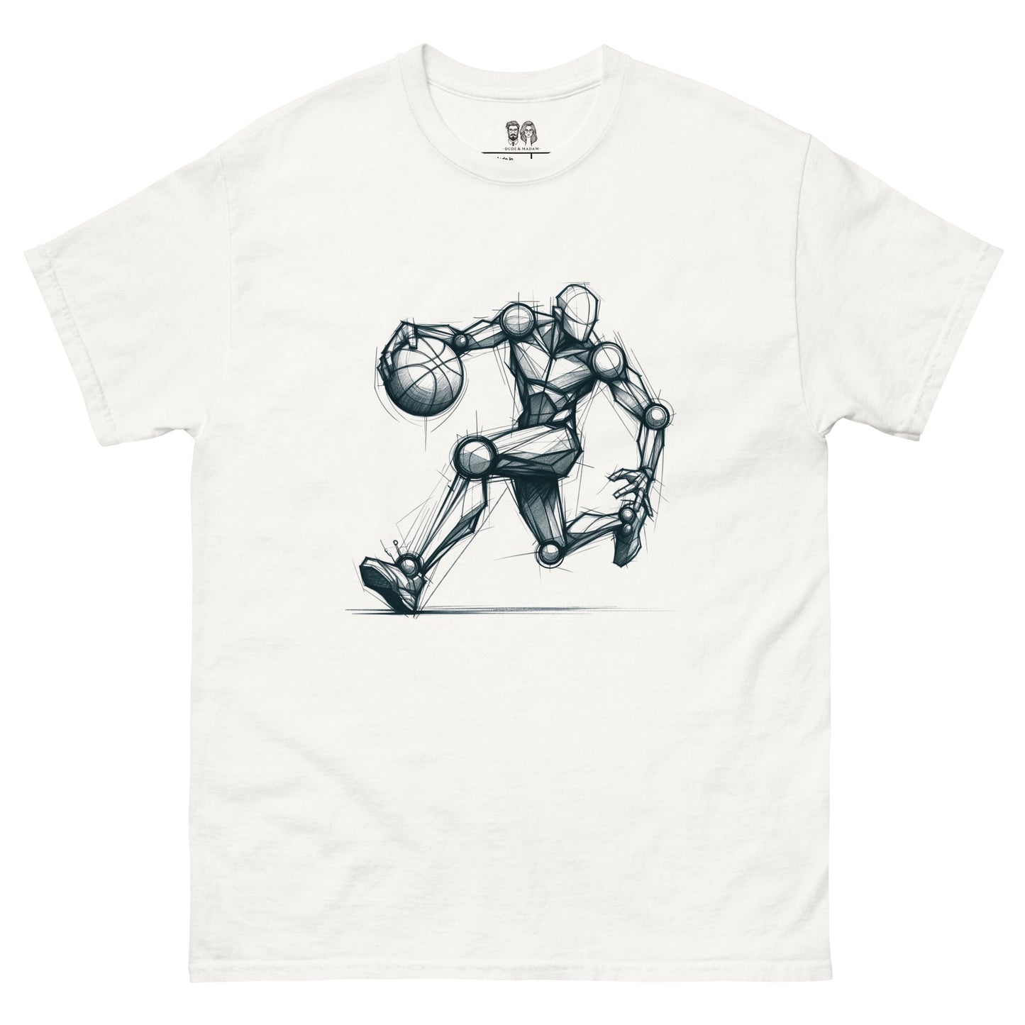 White cotton loose fit t-shirt with an artistic Len mannequin-style drawing of a basketball player in motion, highlighting dynamic and creative design.