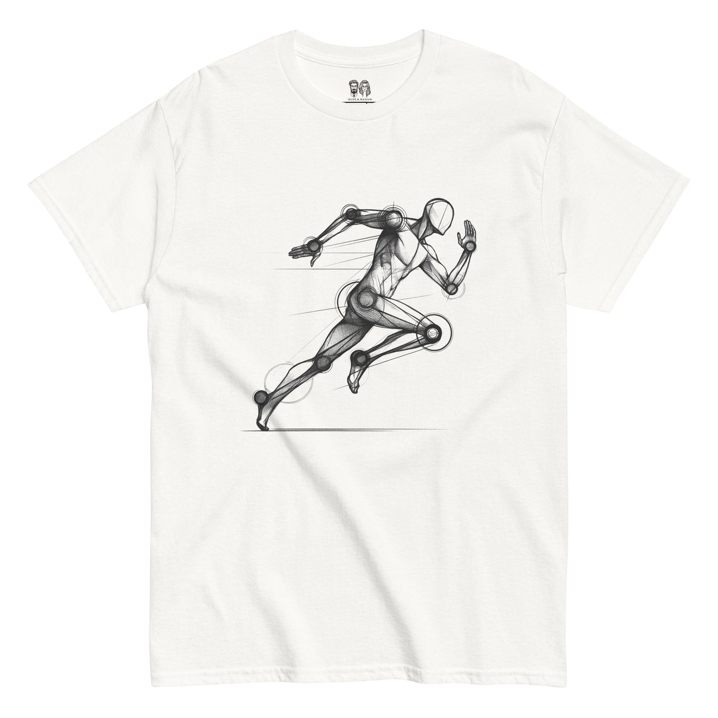 White cool Cotton loose fit t-shirt with a detailed futuristic runner graphic in black and white, and modern design.