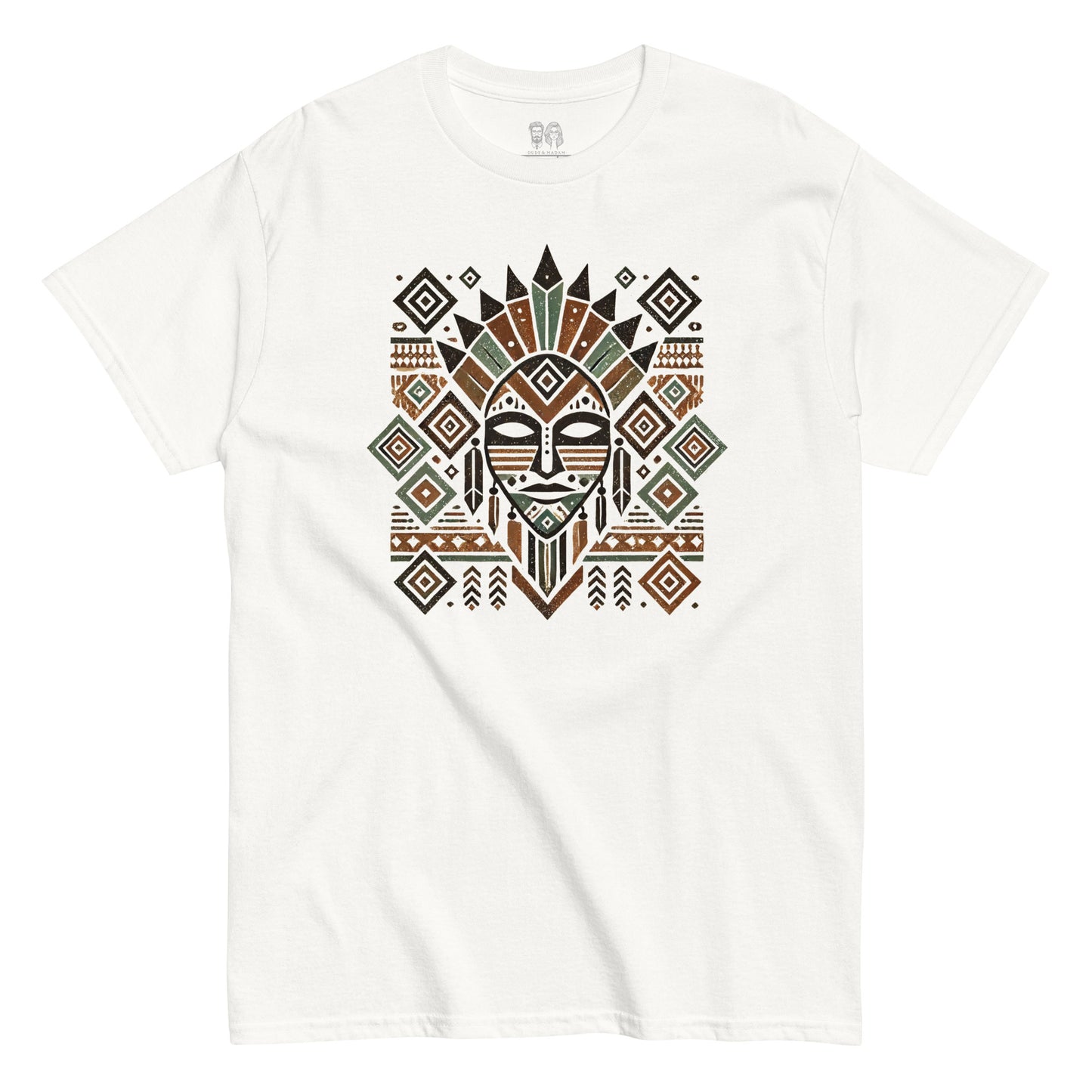 White T-Shirt with Aztec Tribal Mask Design and geometric patterns