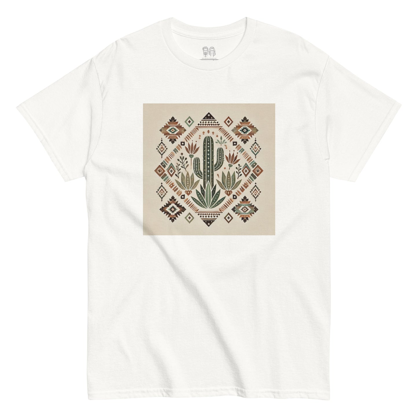 White cotton tshirt with a cactus print and desert plants and geometric tribal patterns