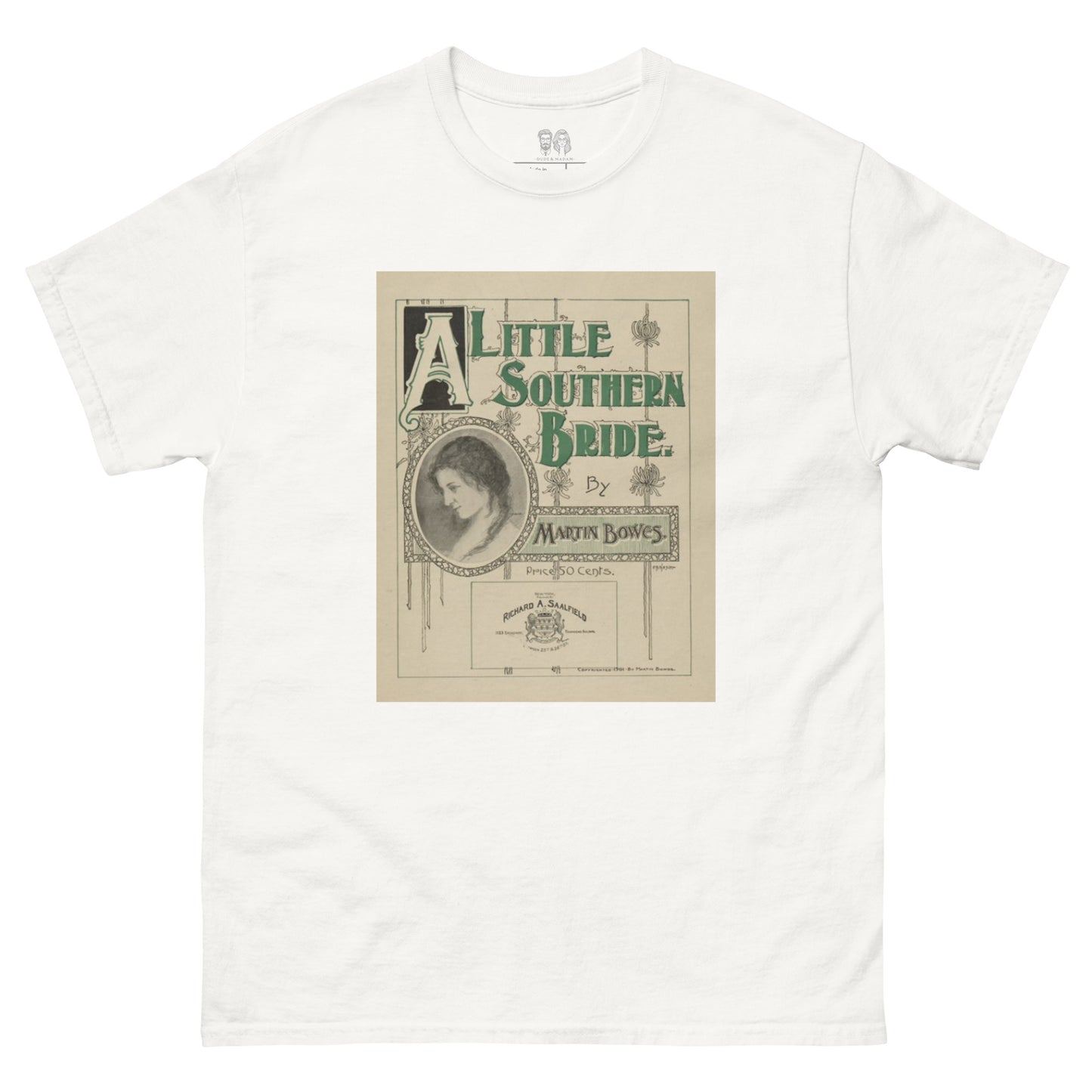 White t-shirt featuring an authentic print of the album a little southern bride by Martin Bows 