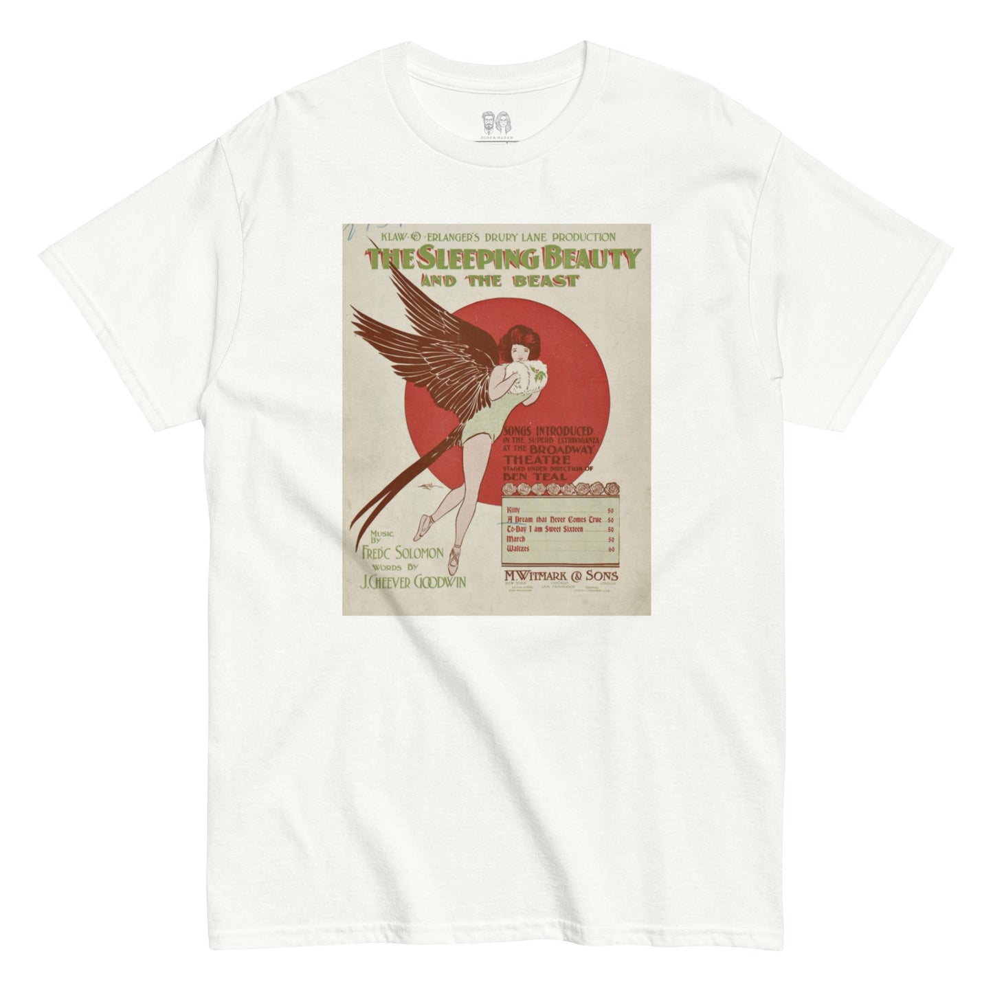 White cotton t-shirt with a large vintage print od an album cover called the sleeping beauty