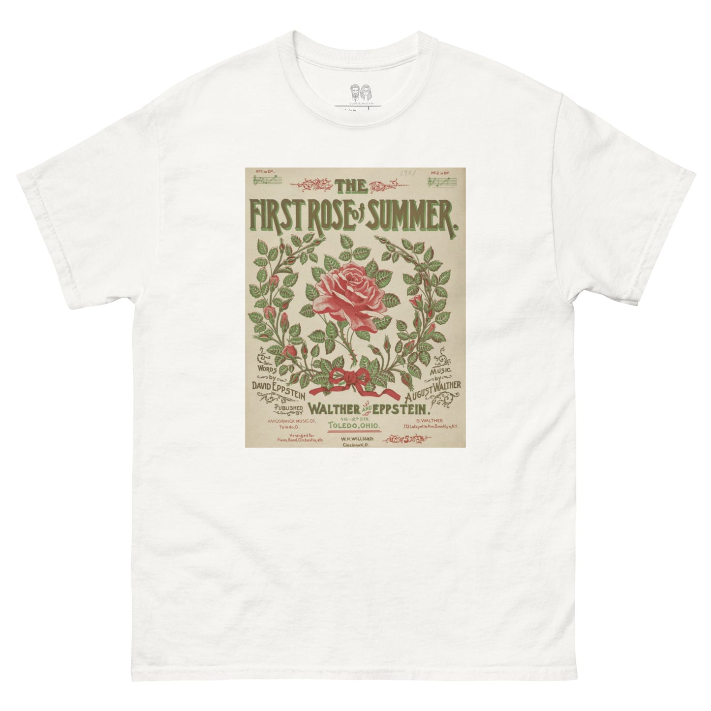 White crew neck t-shirt with large retro print of an album cover with roses and leaves