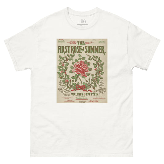 White crew neck t-shirt with large retro print of an album cover with roses and leaves