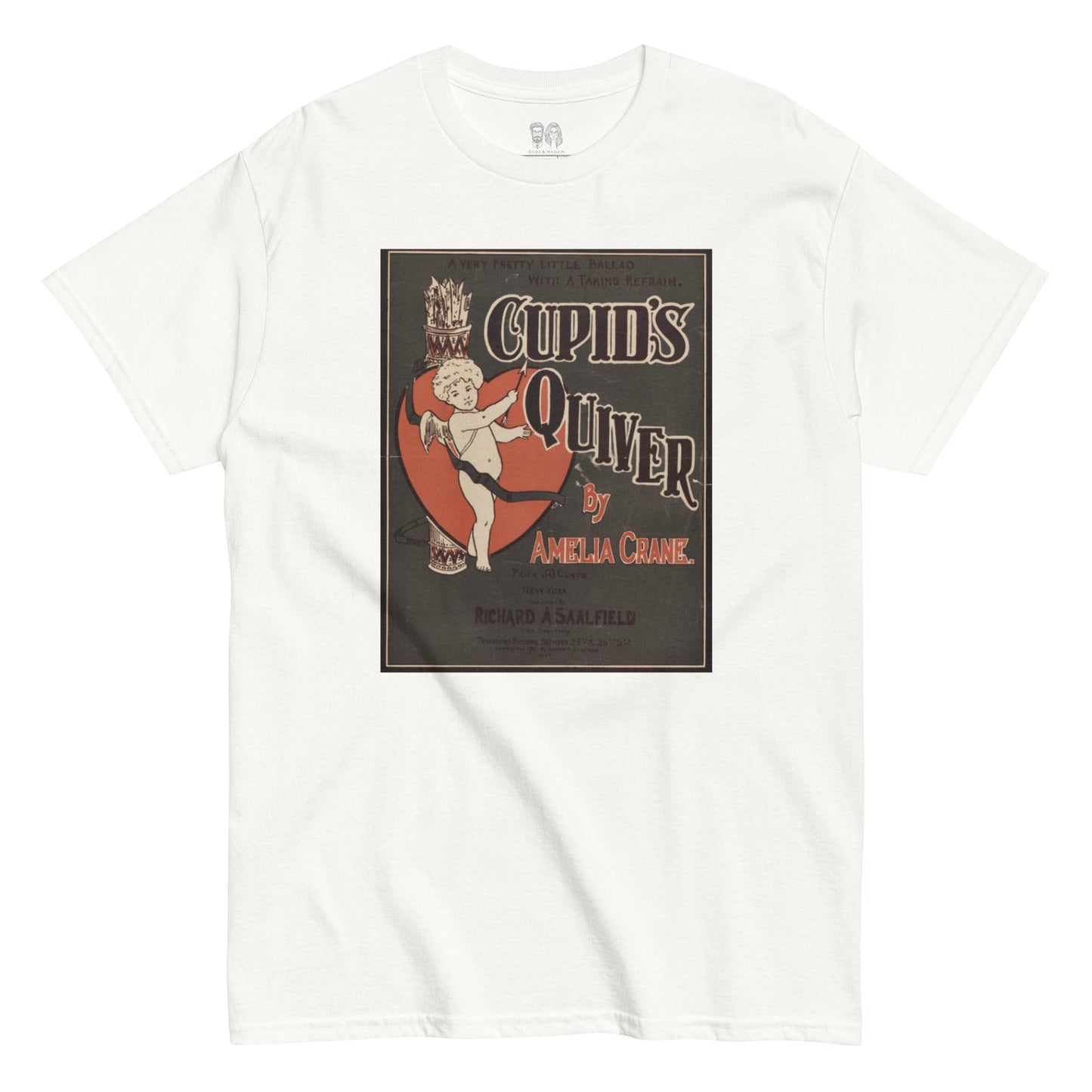 A white t-shirt with crew neck neckline with a vintage print of cupids quiver album by Amelia Crane