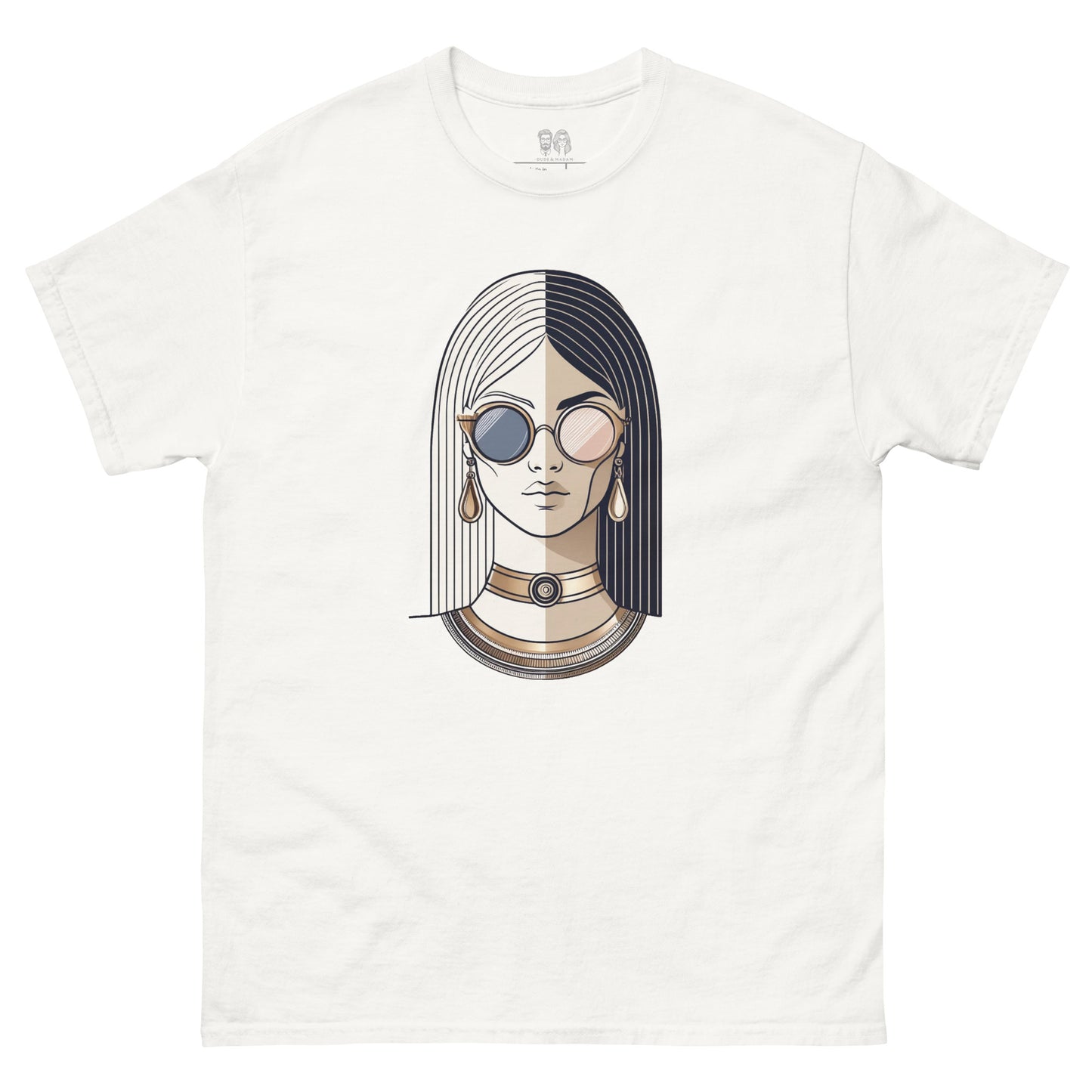 White Cotton T-Shirt with cool boho print of modern cleopatra and Egyptian jewelry and modern sunglasses