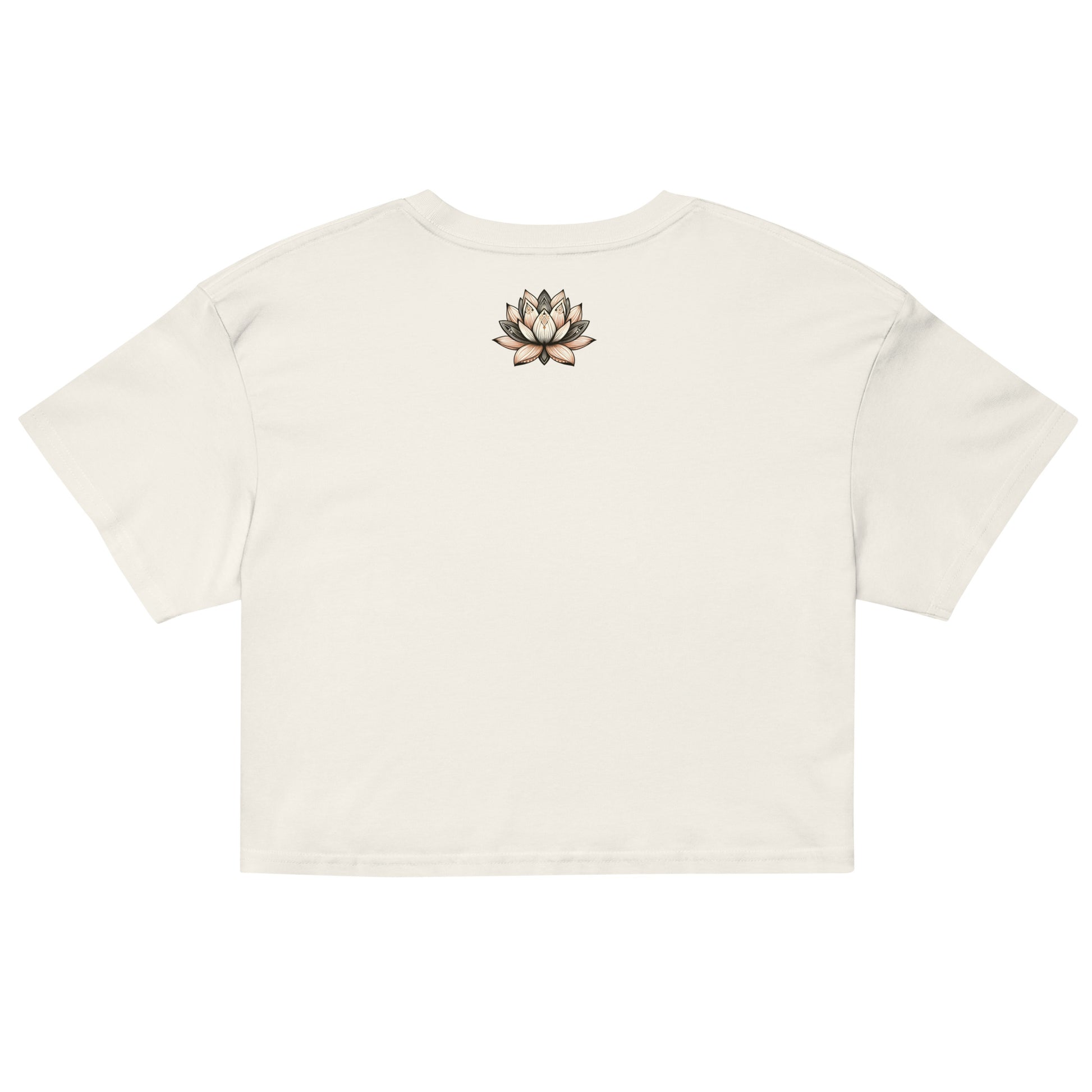 Back of a natural color crop top with short sleeves for woman with a print of a lotus flower