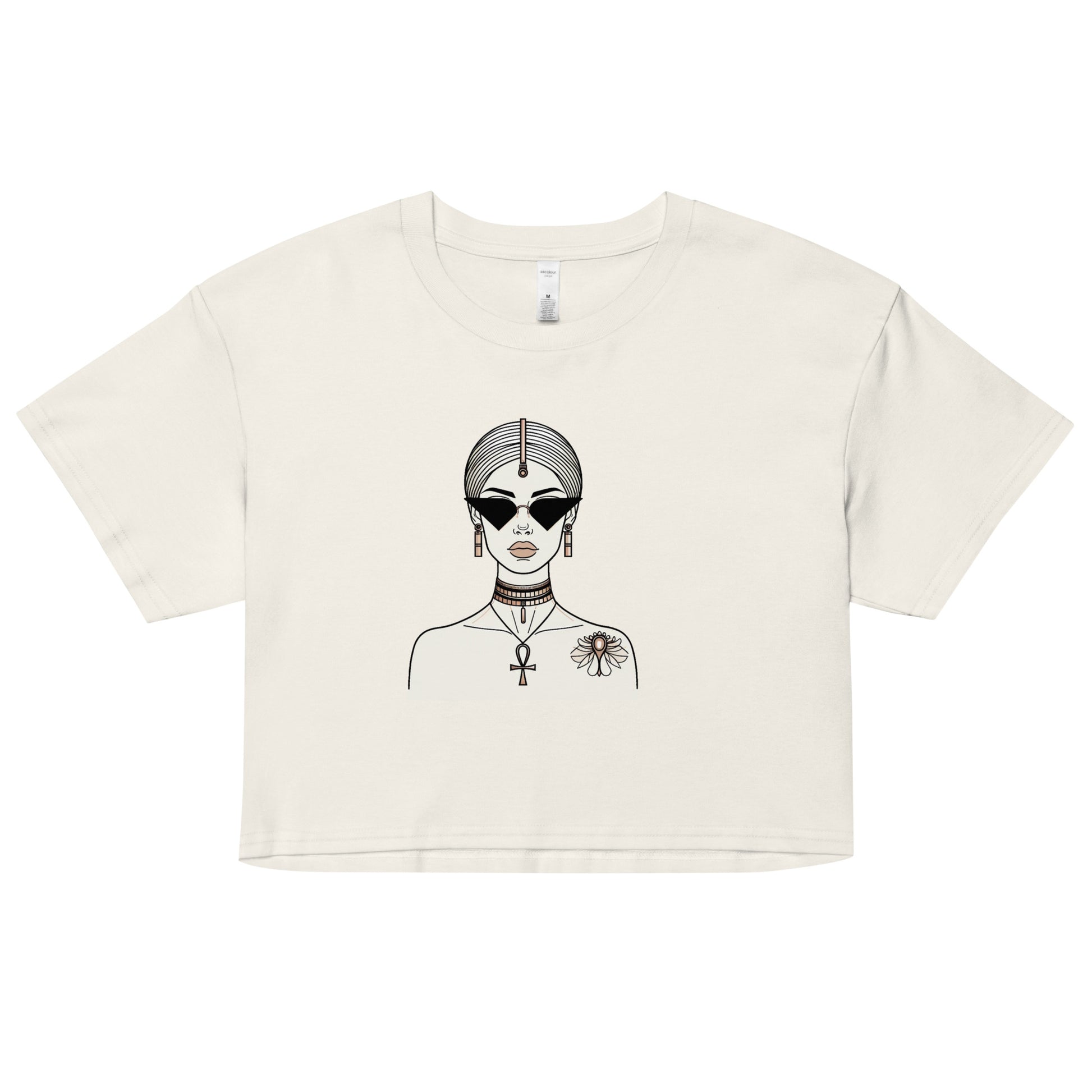 Edgy Egyptian Queen natural color Crop Top with Ankh symbol and flower, modern sunglasses, and traditional jewelry choker necklace