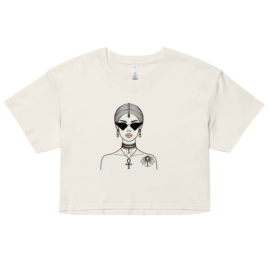 Edgy Egyptian Queen natural color Crop Top with Ankh symbol and flower, modern sunglasses, and traditional jewelry choker necklace