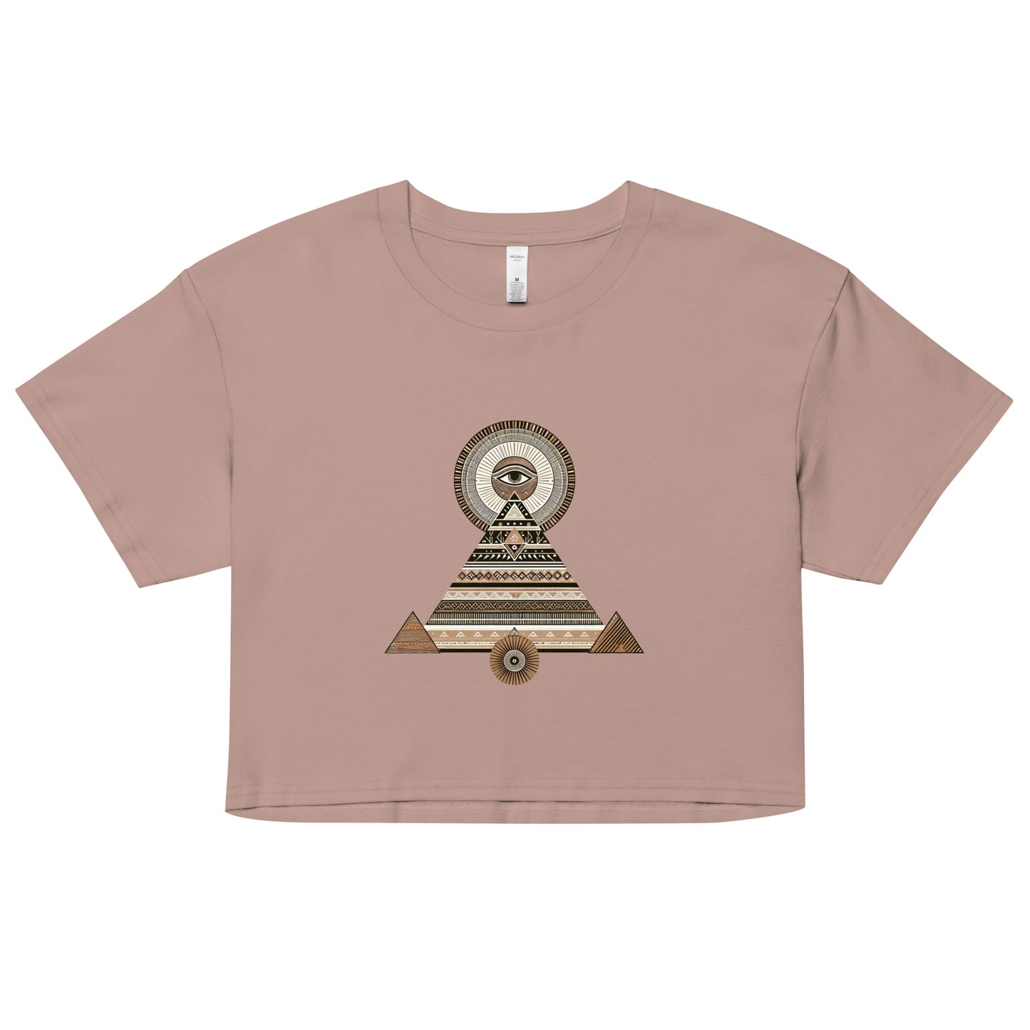 Dusky pink crop shirt with short sleeves and a cool edgy print of a pyramid with ancient style patterns