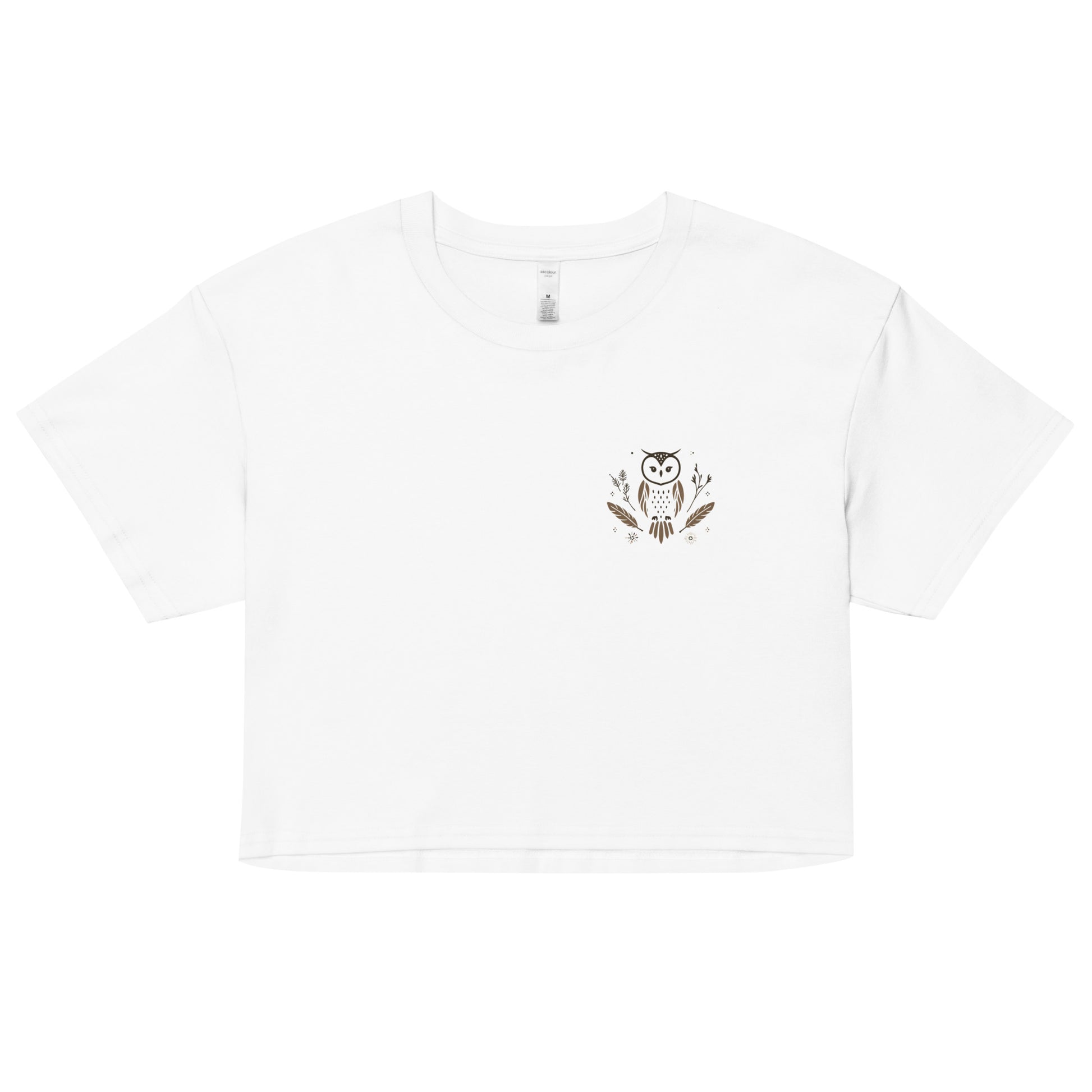 White crop top featuring a pocket design of a cute owl and feathers