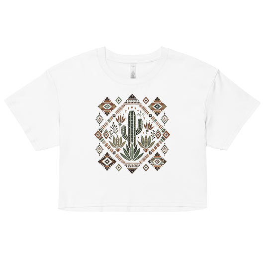 White cotton crop-top with a geometric pattern and a cactus print in earthy colors