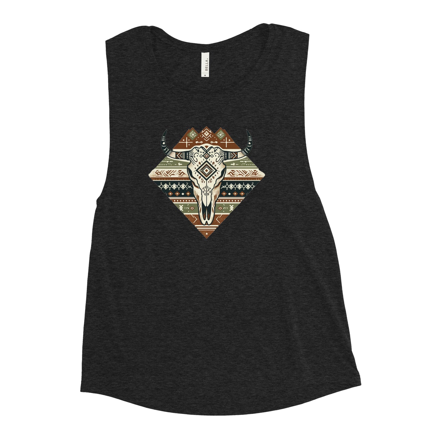 Black Lightweight Low Cut Armholes Tank Top With a Tribal Skull Print of a Bull