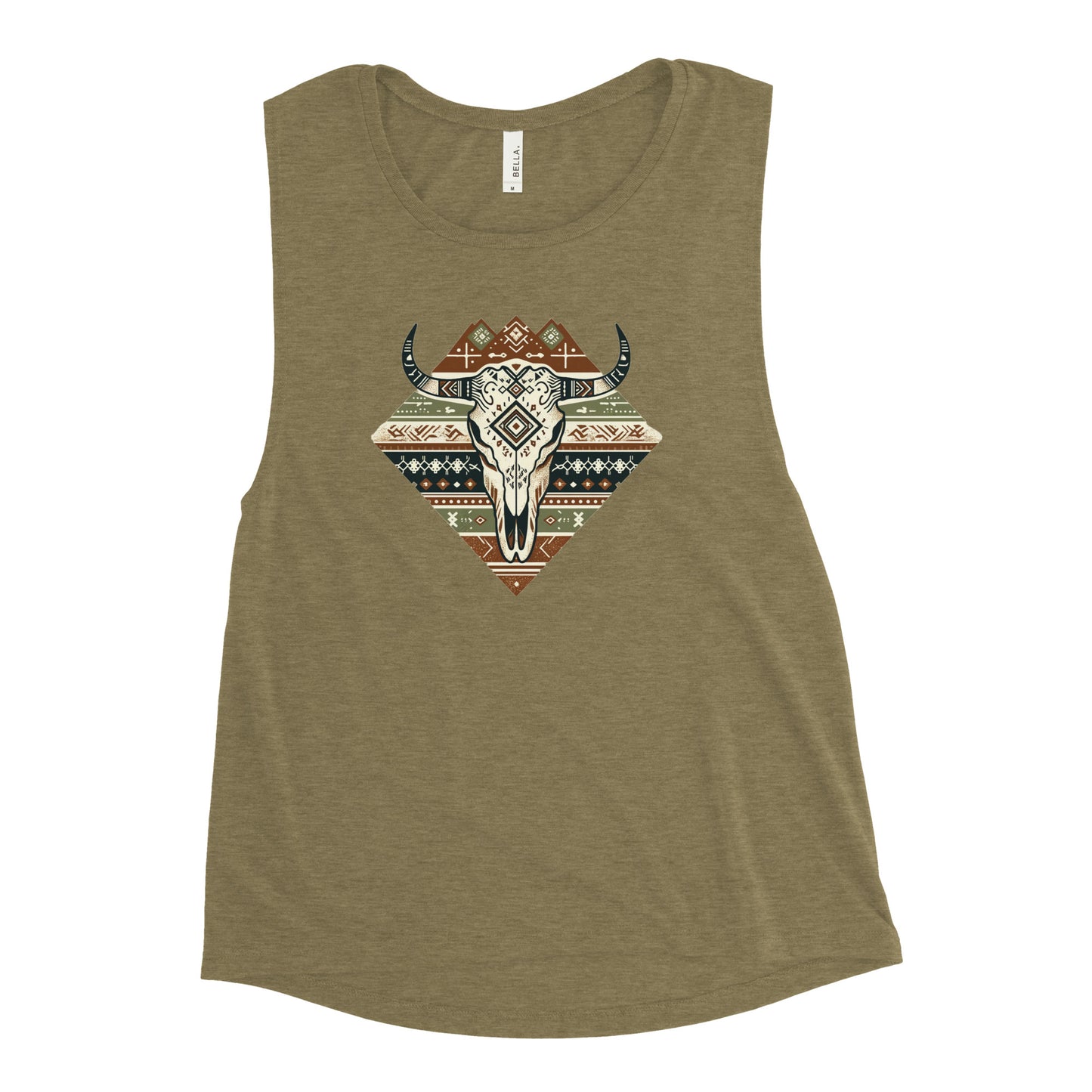 Khaki Round neckline tank with earthy colors print of a bulls skull