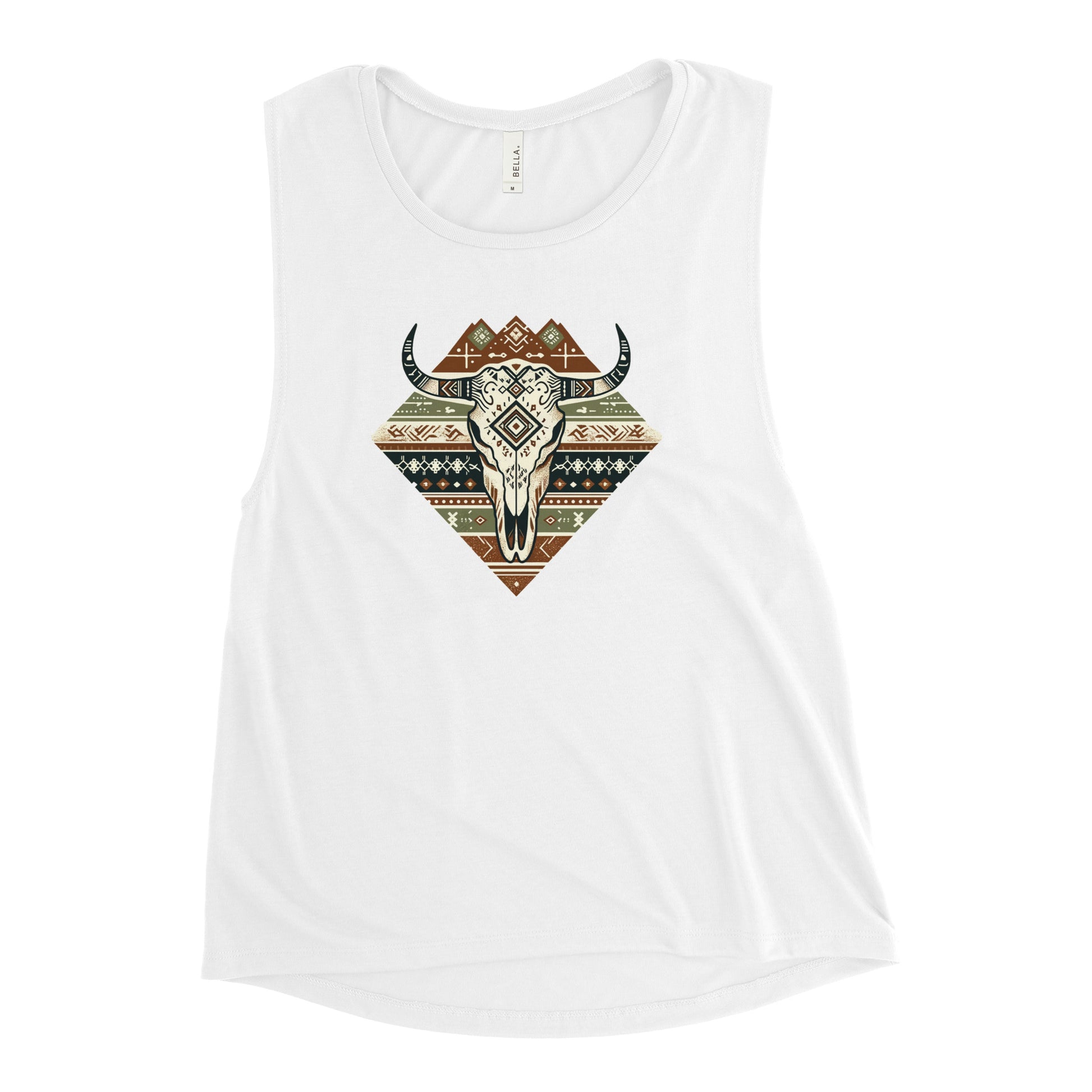 White muscle tank top for women with round neckline and a boho geometric print of a bull skull